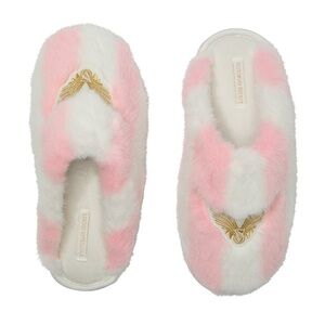 NWT Victoria's Secret Cozy Plush SLIPPERS Faux Fur Pink & White Gold Striped   L
